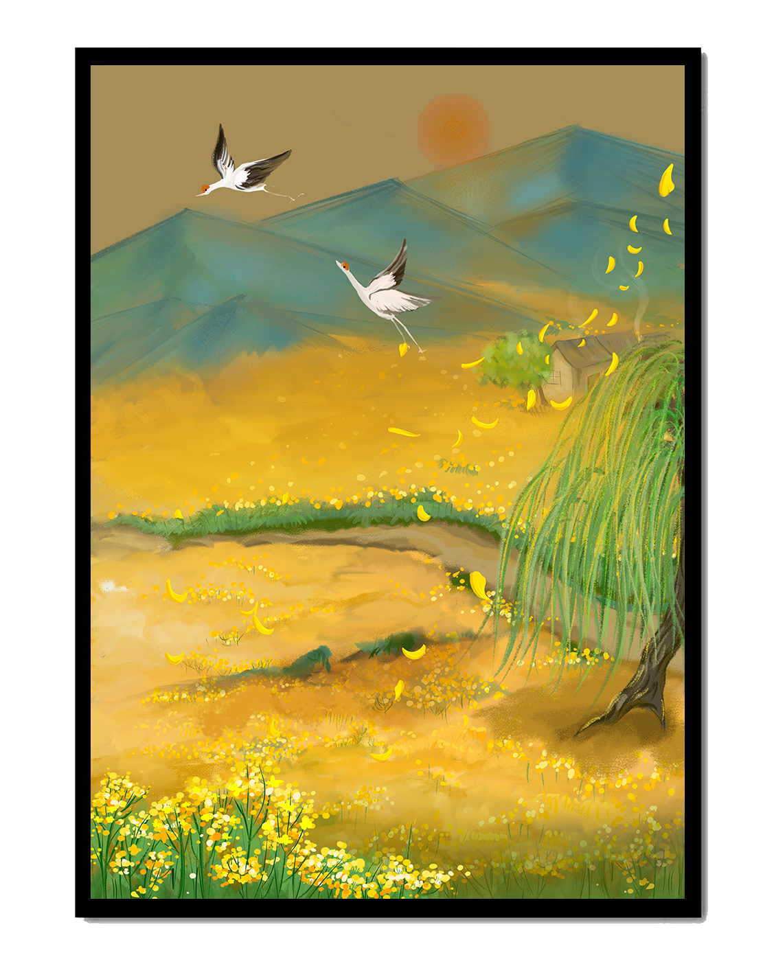 Ruhige Landschaft mit fliegenden Kranichen und goldenen Blüten
