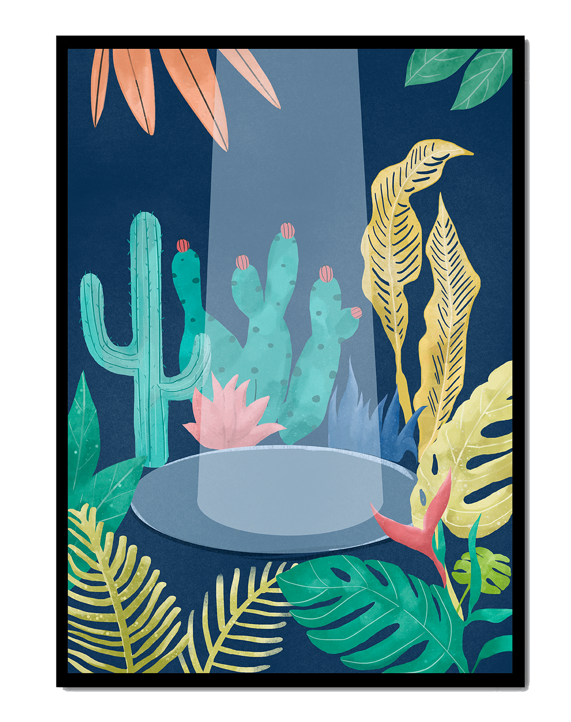 Colorful botanical illustration featuring cacti and tropical leaves