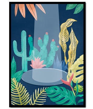 Ilustración botánica colorida con cactus y hojas tropicales