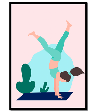 Ilustración de una mujer practicando la postura de parada de manos en yoga