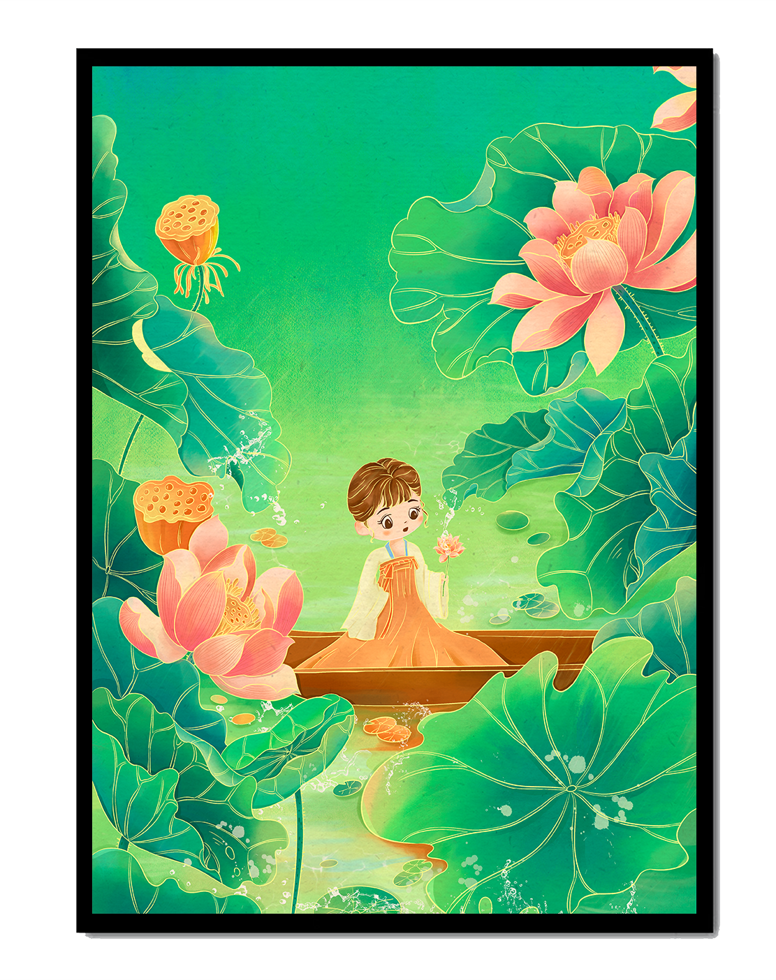 Serene illustration with girl among lotus flowers and green leaves