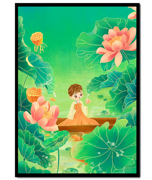 Serene illustration with girl among lotus flowers and green leaves