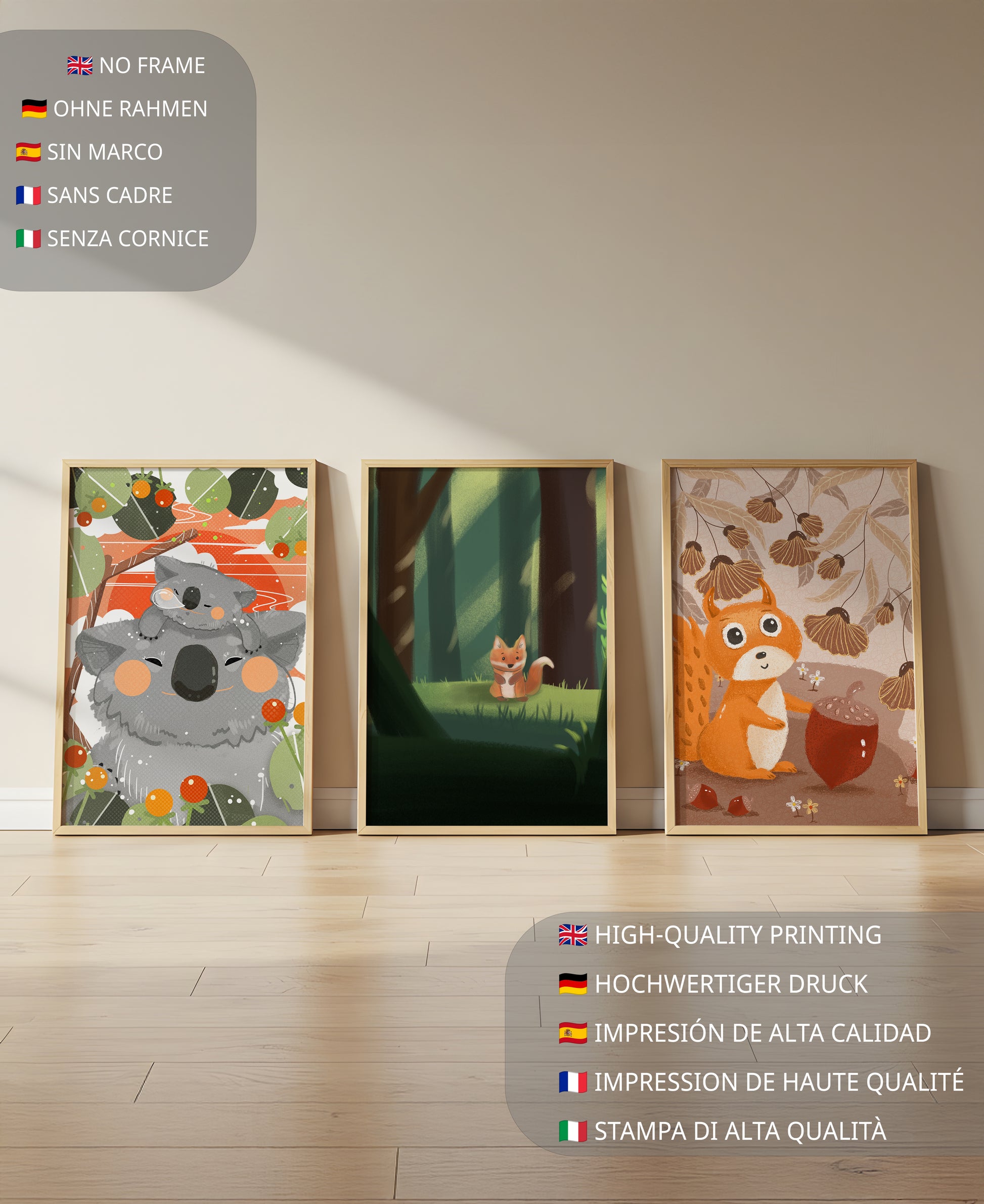 Tríptico de Animales del Bosque en Estilo Infantil