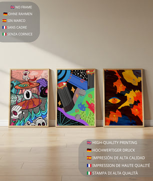 Tríptico de Arte Contemporáneo sin Marco con Estilo Pop y Abstracto