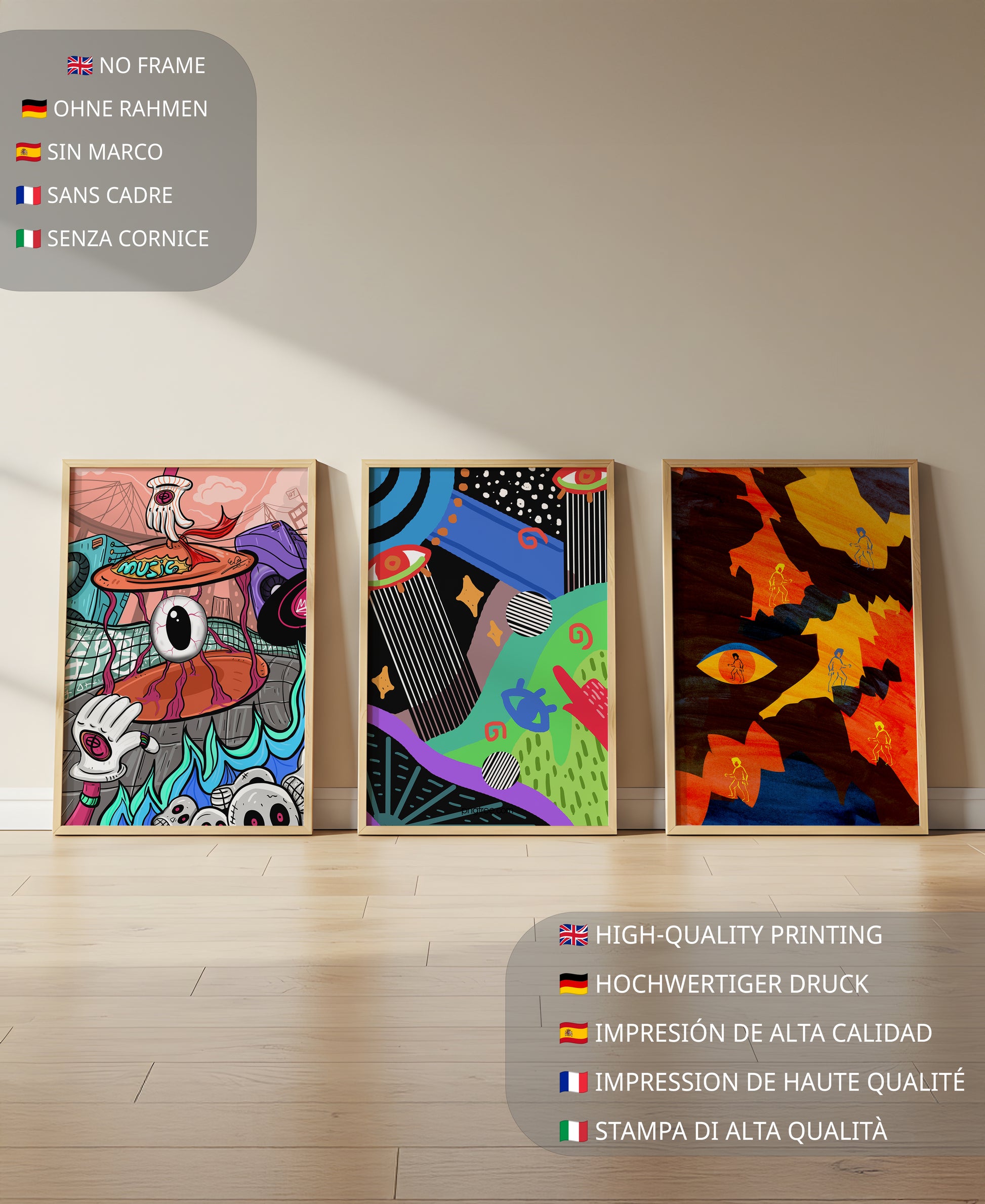 Tríptico de Arte Contemporáneo sin Marco con Estilo Pop y Abstracto