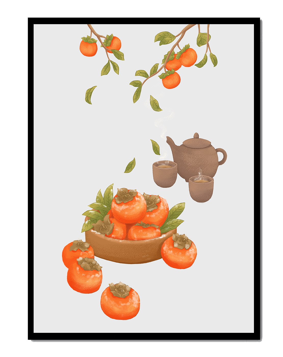 Cozy tea setting with persimmons and branches