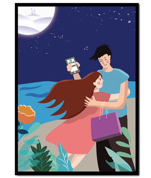 Pareja romántica abrazándose bajo una noche iluminada por la luna