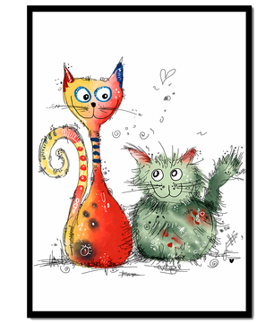 Ilustración artística colorida de dos gatos juguetones sobre fondo blanco