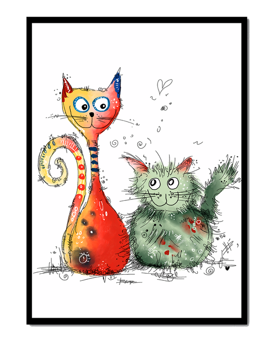 Colorful Artistic Illustration of Two Playful Cats on White Background