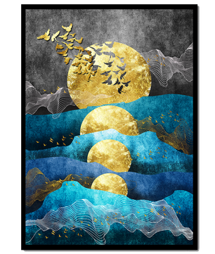 Abstract Landscape with Golden Sun and Flying Birds