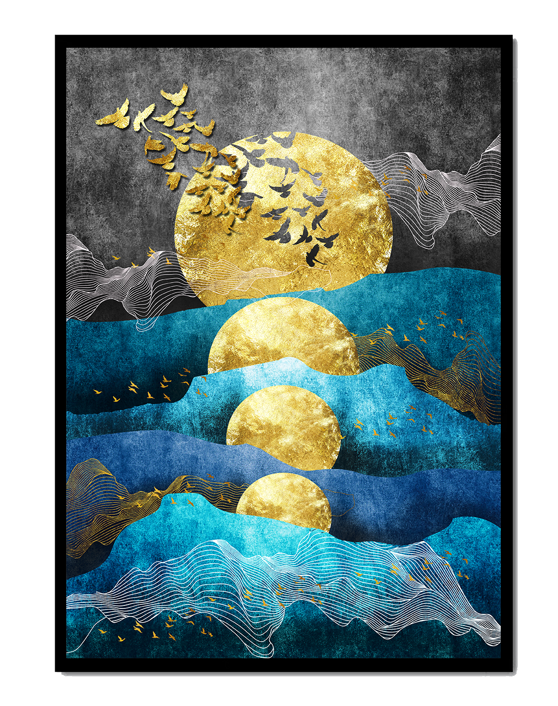 Abstract Landscape with Golden Sun and Flying Birds
