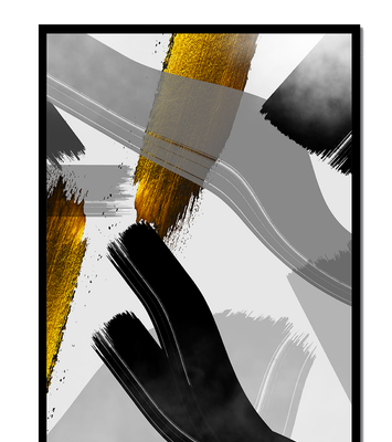 Abstract art piece with gold and black brushstrokes on a gray background