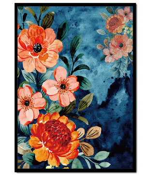 Vibrant floral watercolor design with orange blossoms and blue background