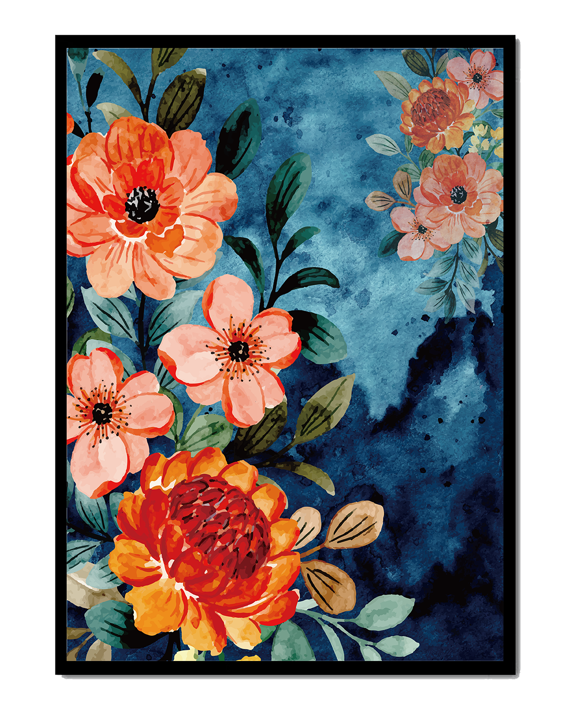 Vibrant floral watercolor design with orange blossoms and blue background