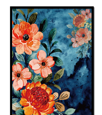 Vibrant floral watercolor design with orange blossoms and blue background