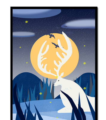 White stag with antlers under moonlit sky and flying birds