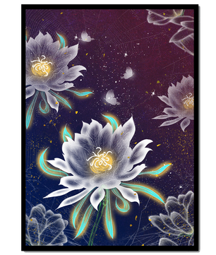 Floral Fantasy with Glowing Elements and Butterflies in Night Sky