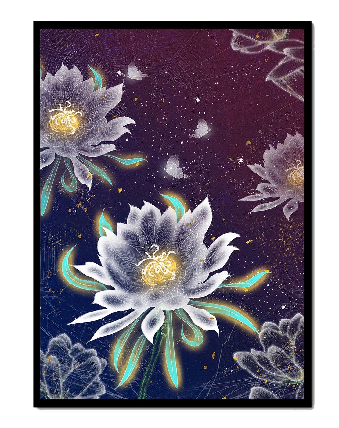 Floral Fantasy with Glowing Elements and Butterflies in Night Sky