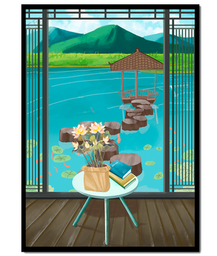 Scenic view from a room overlooking a tranquil water garden with stepping stones and mountains