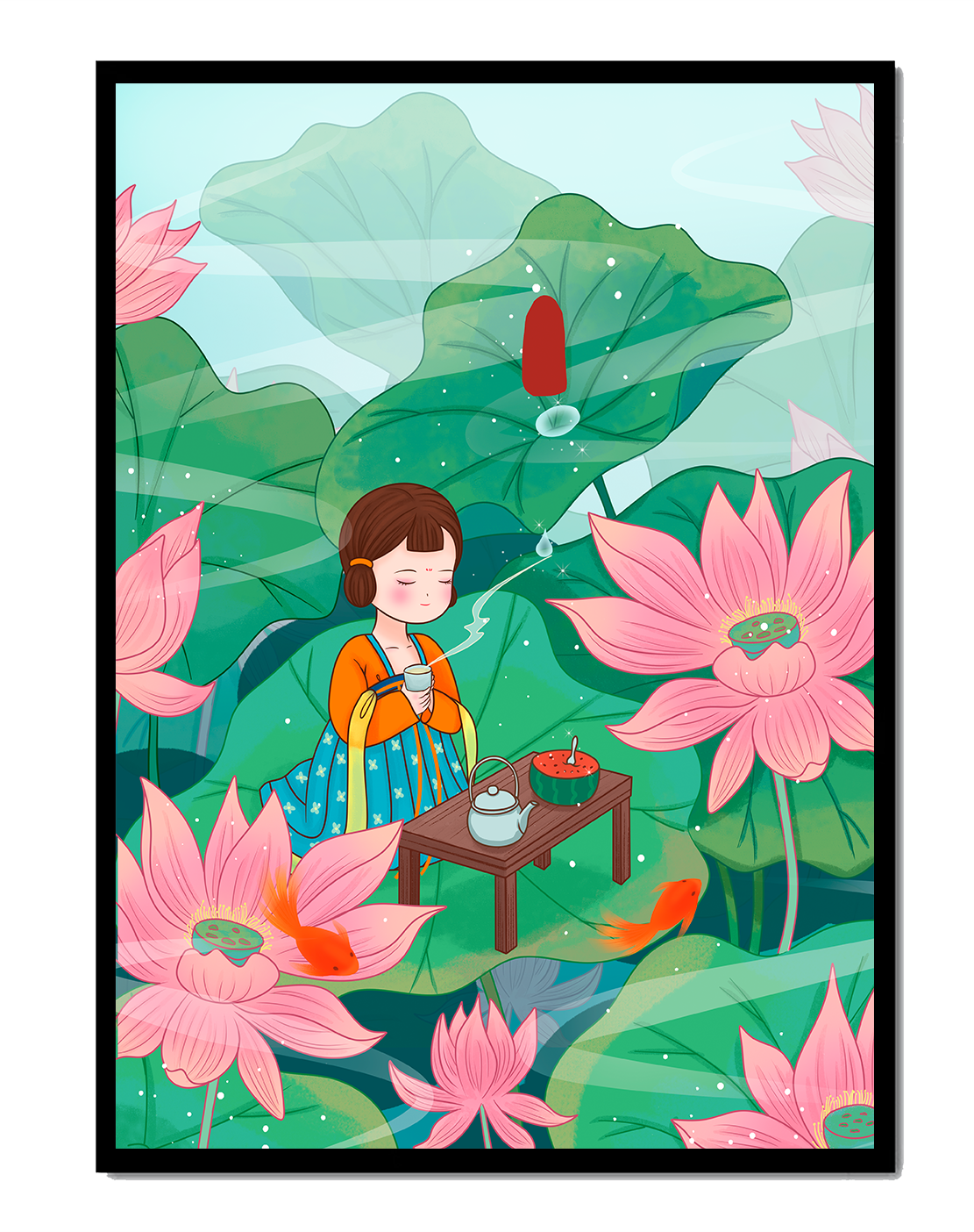Serene illustration of a girl enjoying tea among lotus flowers
