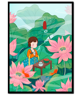 Serene illustration of a girl enjoying tea among lotus flowers
