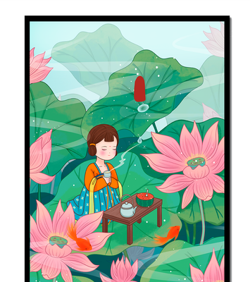 Serene illustration of a girl enjoying tea among lotus flowers