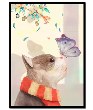 Cat Staring at Butterfly with Floral Elements - Mi tienda