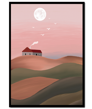 House On Pink Hill Under Full Moon