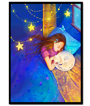 Chica durmiendo con un gato bajo un cielo estrellado