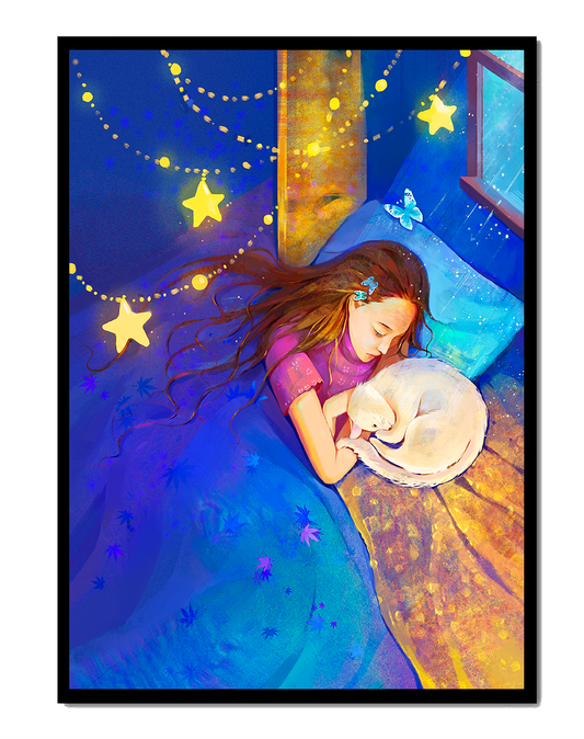 Girl sleeping with cat under starry night sky