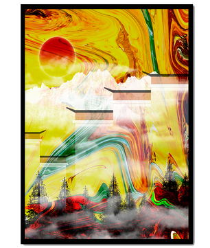 Abstract Landscape with Swirling Colors and Red Sun