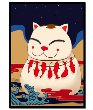 Japanese Lucky Cat with Fish Design in a Surreal Landscape