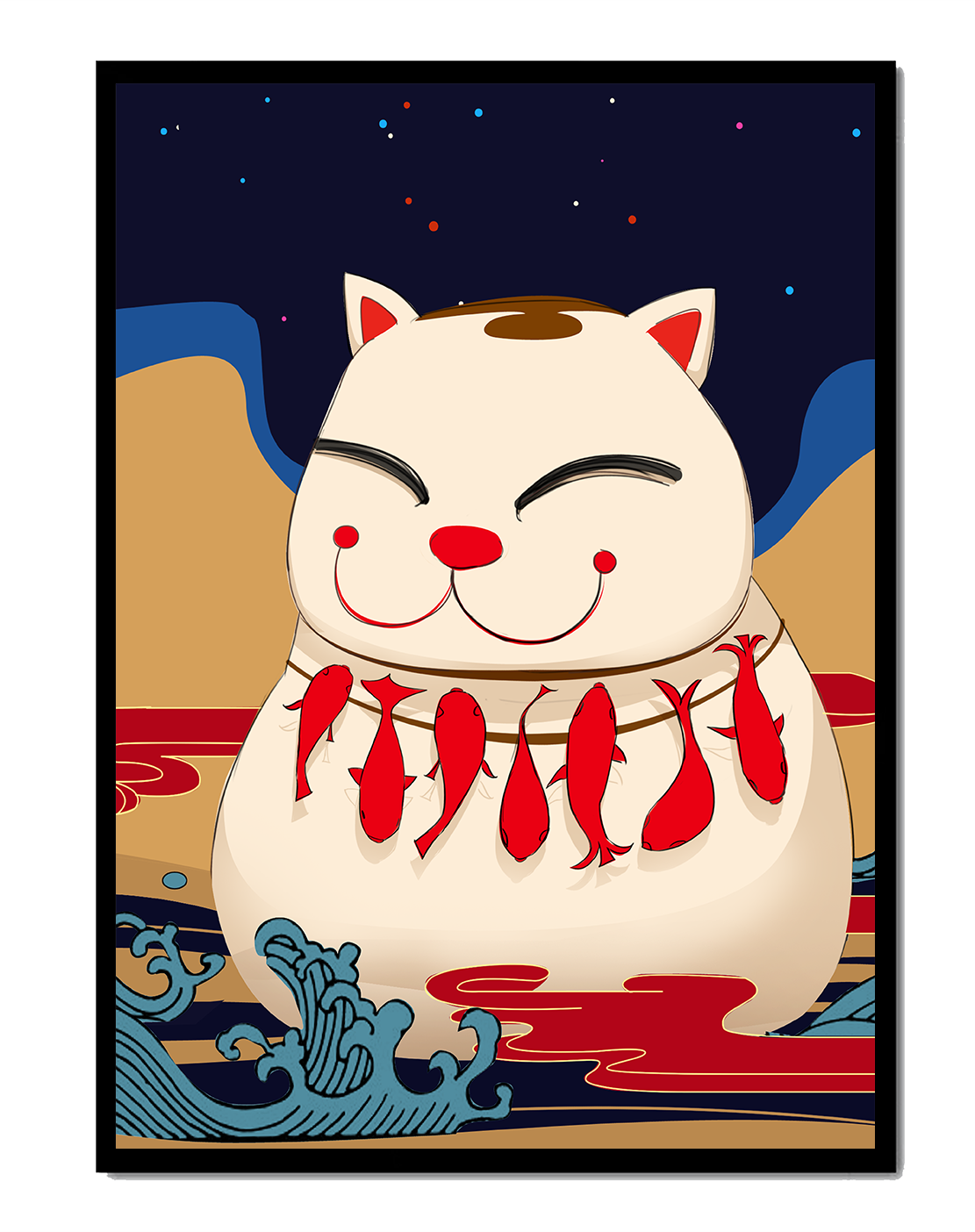Japanese Lucky Cat with Fish Design in a Surreal Landscape