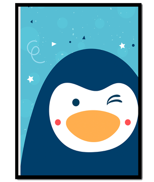 Pingüino animado juguetón sobre un fondo azul caprichoso