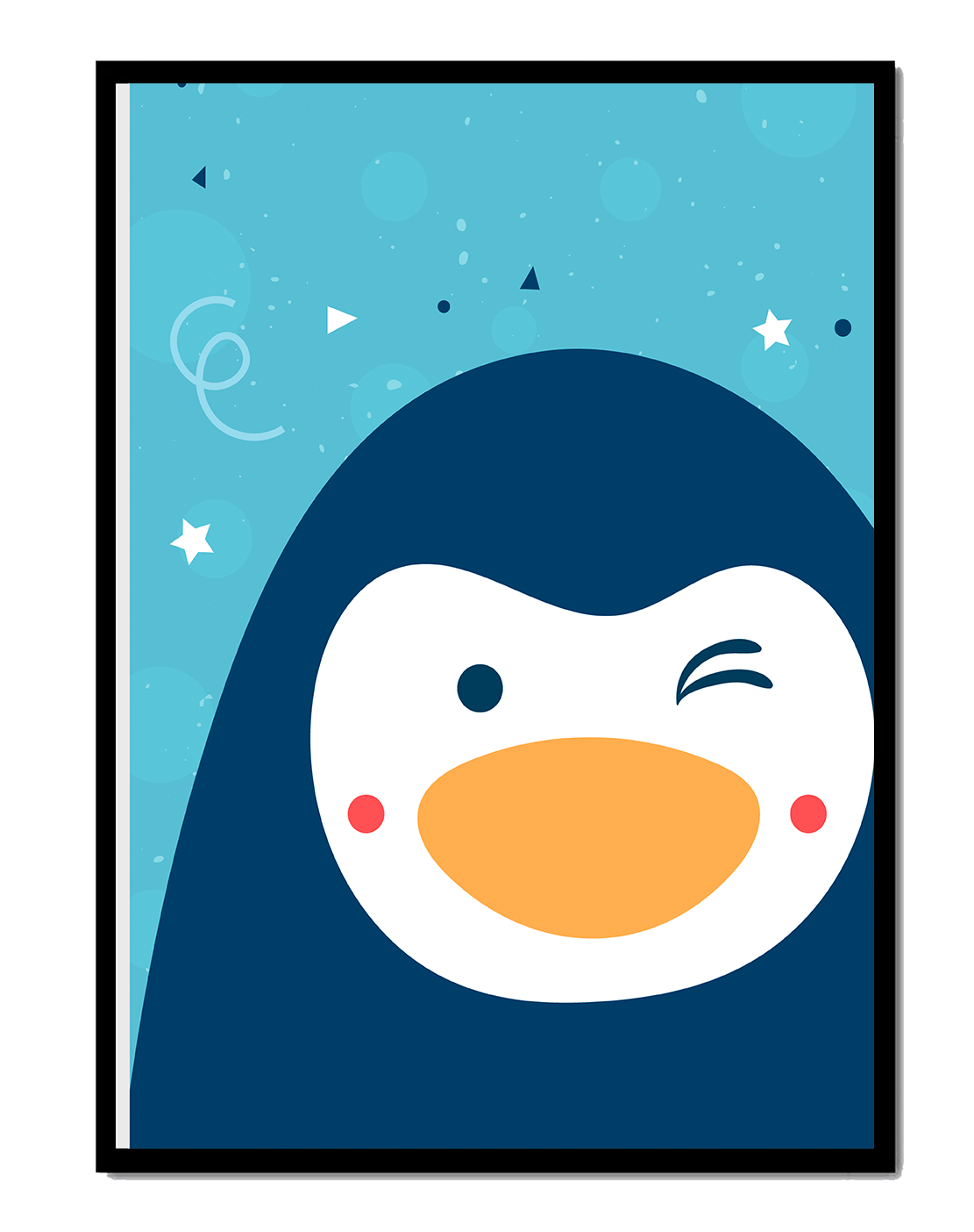 Pingüino de dibujos animados juguetón sobre un fondo azul caprichoso