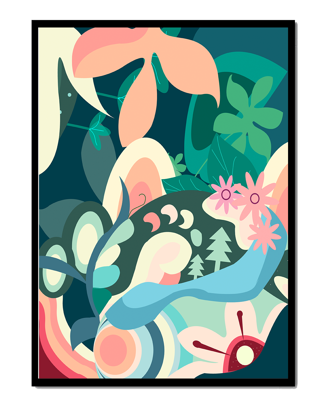 Abstract botanical artwork with vibrant colors and natural elements