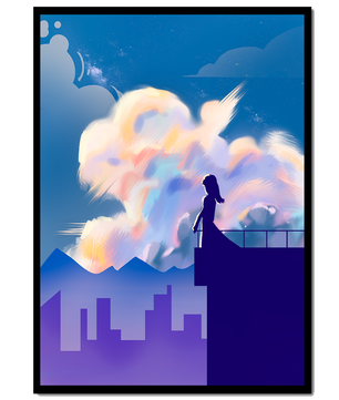 Silhouette of a woman on rooftop against a dreamy sky with colorful clouds