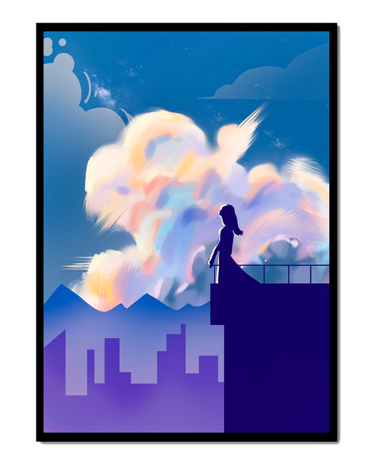 Silhouette of a woman on rooftop against a dreamy sky with colorful clouds
