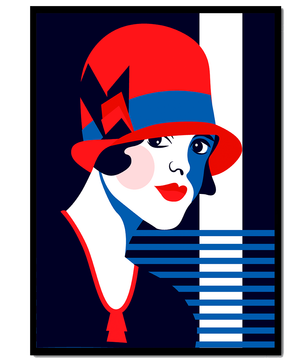 Femme élégante de style art déco avec chapeau cloche rouge et motifs géométriques