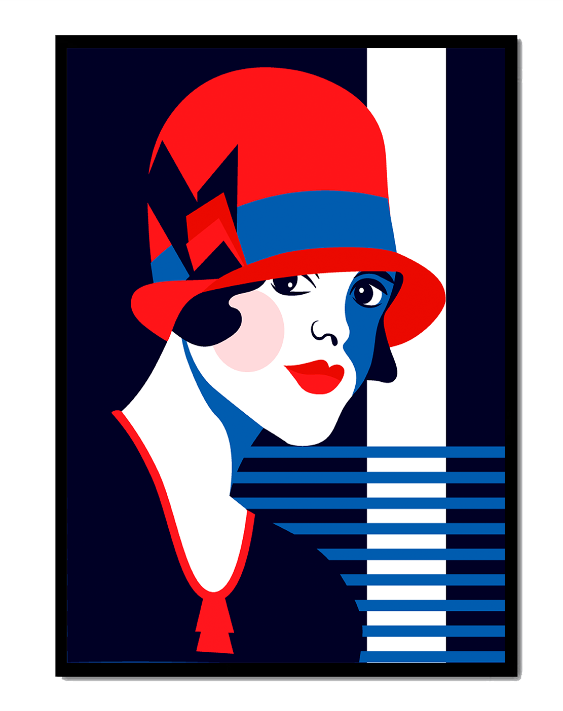 Elegante mujer de estilo art déco con sombrero cloche rojo y patrones geométricos.