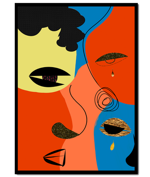 Abstract faces with vibrant colors and gold accents