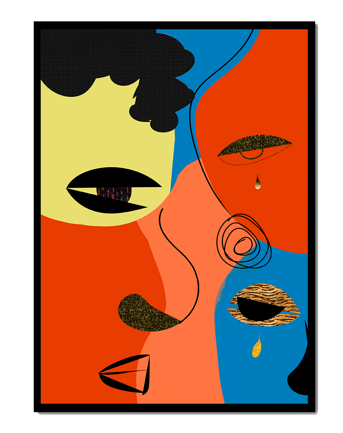 Abstract faces with vibrant colors and gold accents