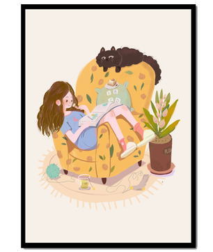 Cozy Reading Corner with Relaxed Girl and Cat