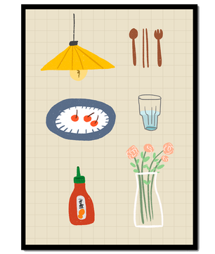 Artículos de cocina ilustrados que incluyen lámpara, utensilios y flores