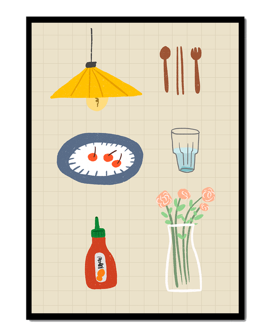 Illustrated kitchen items including lamp, utensils, and flowers