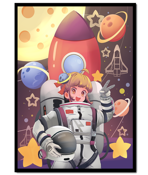 Ilustración de una chica astronauta con temática espacial