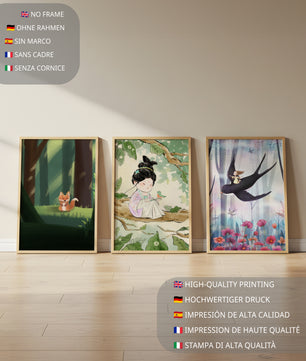 Set de impresiones artísticas infantiles en un espacio luminoso