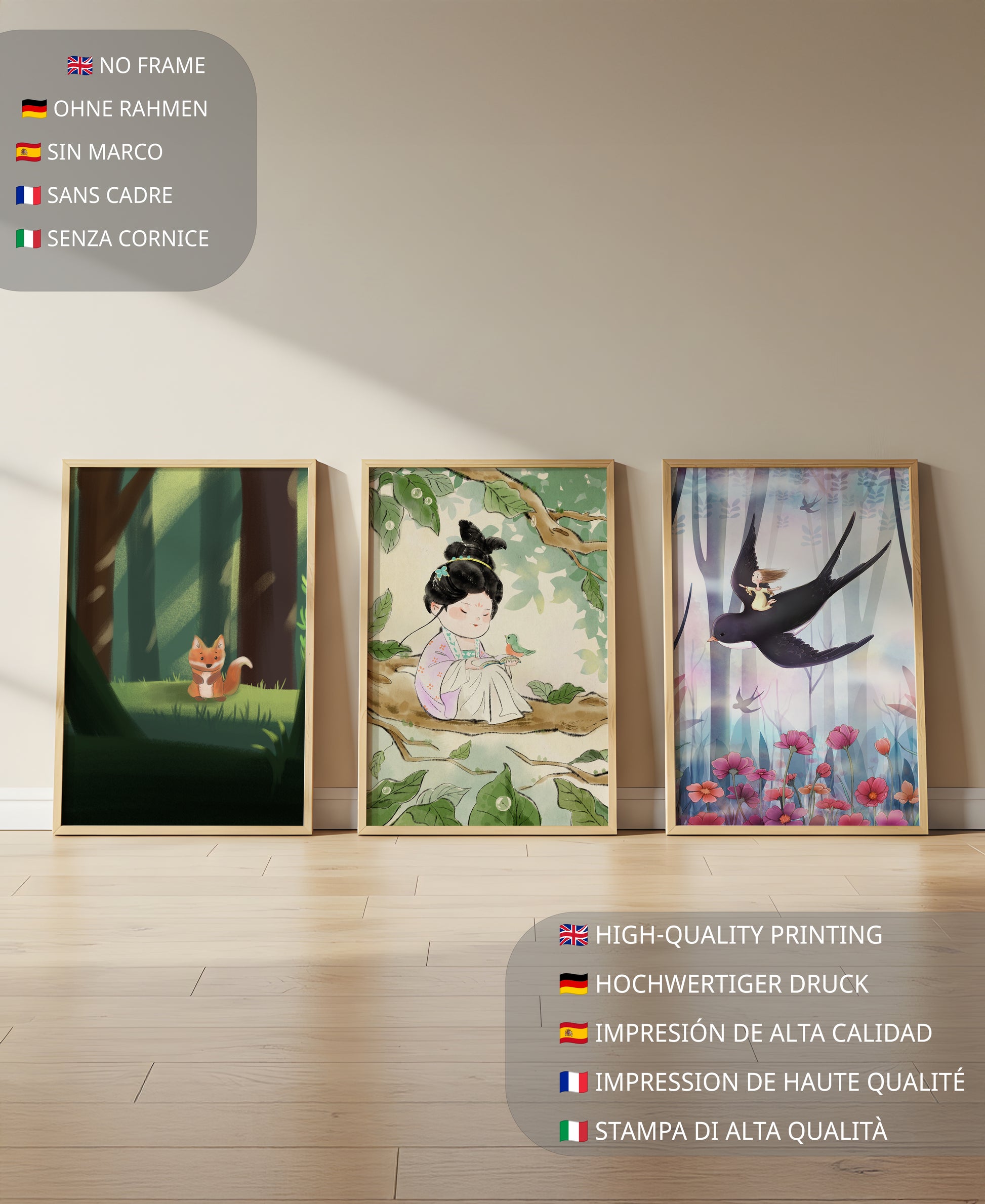 Set de impresiones artísticas infantiles en un espacio luminoso