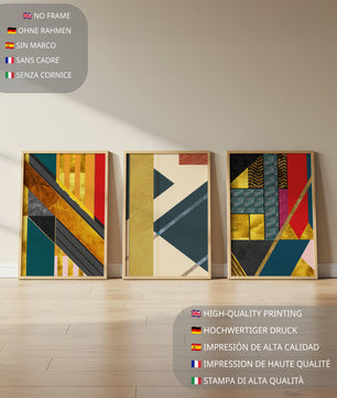 Conjunto de Tres Lienzos Abstractos Geométricos en Colores Vivos y Elementos Dorados