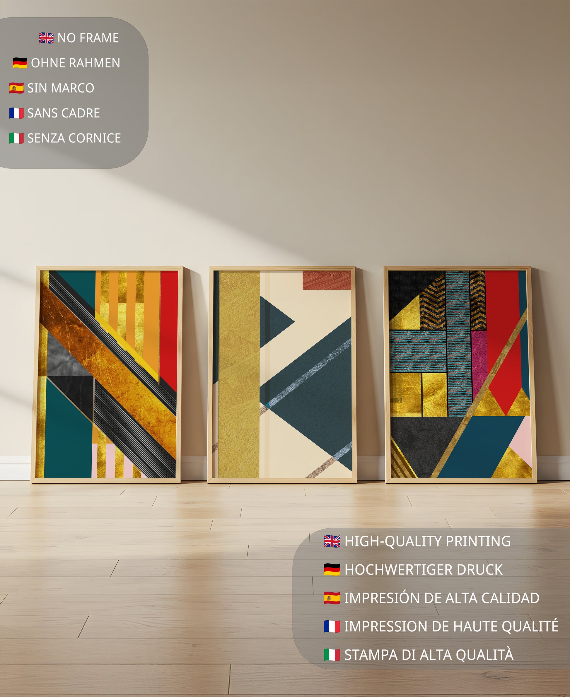 Conjunto de Tres Lienzos Abstractos Geométricos en Colores Vivos y Elementos Dorados